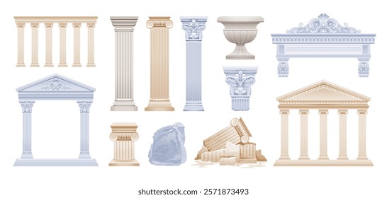 Pillar and column, Roman or Greek vector. Stone ancient architecture. 3d Marble temple, antique white building set. Pillar from Greece, Rome. Sculpture, vase, pillar design. Greek Roman palace element