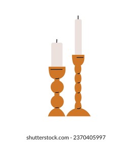 Pillar cylinder candles in candlesticks, holders. Unlit wax poles, tall pillars in candleholders. Cozy home decoration, romantic decor. Flat vector illustration isolated on white background