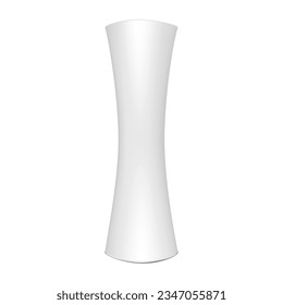 Pillar display realistic vector mockup. Trade show tower mock-up. White blank tube column stand. Template for design