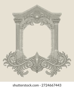 Marco de pilar con flor de lis y adorno floral, ilustración de estilo de dibujo de grabado vintage