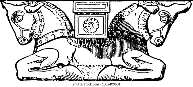 Un pilar de la Gran Sala de Xerxes con dos cabezas de caballo a dos lados en la parte superior, dibujo vintage de línea o ilustración grabadora.