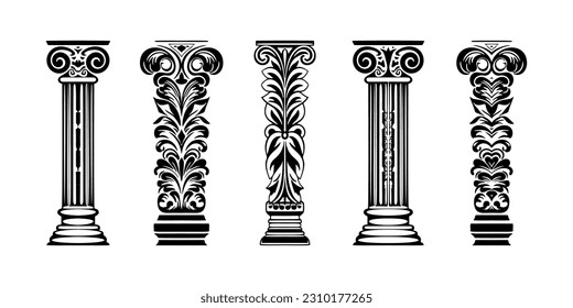 Pillar Icon, Greek Column Silhouette Set, Ancient Roman and Egyptian Pillars, Ionic Classical Architecture Elements, Vector Illustration