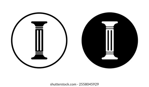 Pillar icon on black circle. Greek column sign. Strength and stability symbol