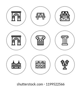Pillar icon set. collection of 9 outline pillar icons with arch, bridge, column icons. editable icons.