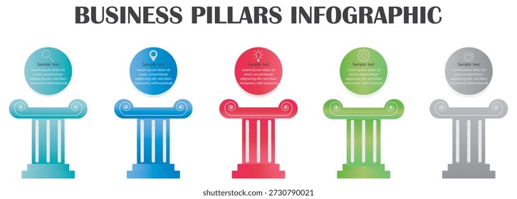 Pilar Elemento de layout infográfico na forma de um templo grego com colunas. 5 pilares do banner de modelo infográfico holístico de saúde com coluna esquerda . 