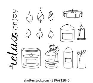 Pillar, jar candle, square, multi wick Different sizes. Decorative wax candles for relax and spa. Hand drawn doodle illustration. Line art vector set. Natural plants aroma