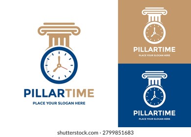 Pillar time logo design featuring a classic column architecture combined with a clock face. Represents history and banking.