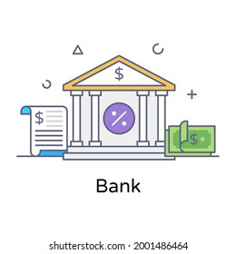 A pillared building with the dollars characterizing bank, flat outline vector