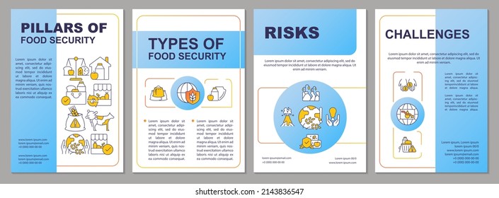 Pillars of food security blue brochure template. Risks and challenges. Leaflet design with linear icons. 4 vector layouts for presentation, annual reports. Arial-Black, Myriad Pro-Regular fonts used