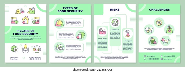 Pillars of food security brochure template. Risks and challenges. Leaflet design with linear icons. 4 vector layouts for presentation, annual reports. Arial-Black, Myriad Pro-Regular fonts used