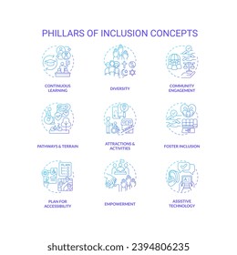 Pillars of inclusion blue gradient concept icons set. Equal opportunity. Sustainable development. Anti discrimination. Social justice idea thin line color illustrations. Isolated symbols