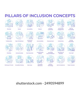 Pillars of inclusion blue gradient concept icons. Equal opportunities. Inclusive culture. Accessibility and assistance. Icon pack. Vector images. Round shape illustrations. Abstract idea