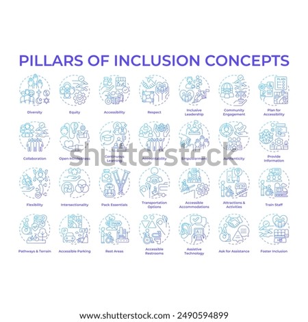 Pillars of inclusion blue gradient concept icons. Equal opportunities. Inclusive culture. Accessibility and assistance. Icon pack. Vector images. Round shape illustrations. Abstract idea