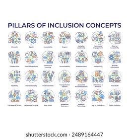 Pillars of inclusion multi color concept icons. Equal opportunities. Inclusive culture. Accessibility and assistance. Icon pack. Vector images. Round shape illustrations. Abstract idea