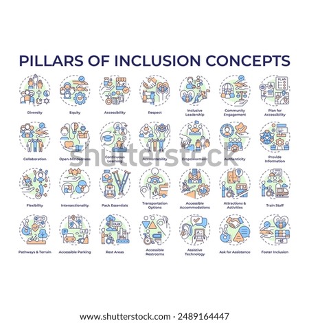 Pillars of inclusion multi color concept icons. Equal opportunities. Inclusive culture. Accessibility and assistance. Icon pack. Vector images. Round shape illustrations. Abstract idea