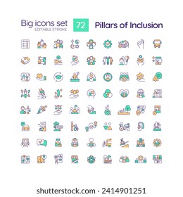 Juego de iconos de color RGB para los pilares de inclusión. Igualdad de oportunidades. Lucha contra la discriminación. Sentido de pertenencia. Ilustraciones vectoriales aisladas. Colección de planos de línea simple rellena. Trazo editable