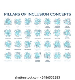 Pillars of inclusion soft blue concept icons. Equal opportunities. Inclusive culture. Accessibility and assistance. Icon pack. Vector images. Round shape illustrations. Abstract idea