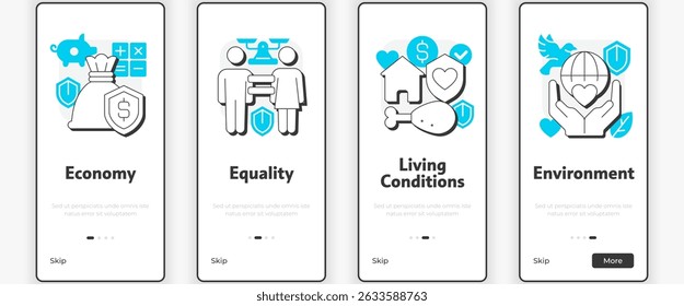Pillars of inclusive growth index mobile onboarding screen. Supporting equality UX UI illustration. Flat outline style icons with blue accent