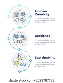 Pilares do modelo de design infográfico 5.0 da indústria. Centralização humana e resiliência. Visualização de dados com 3 opções. Processar fluxograma vertical