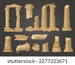Pillars ruins. Ancient damaged architectural objects exterior building ruins recent vector illustrations in flat style
