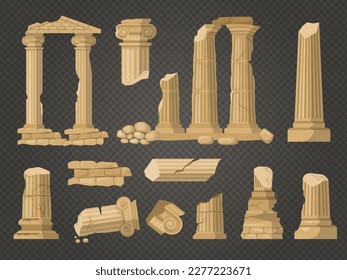 Pillars ruins. Ancient damaged architectural objects exterior building ruins recent vector illustrations in flat style