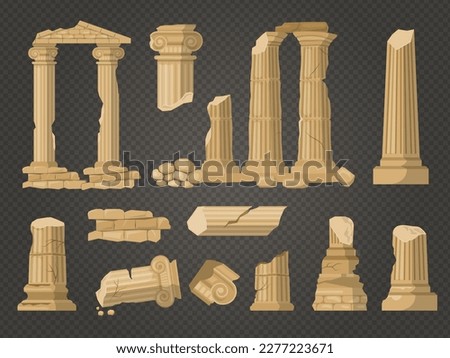 Pillars ruins. Ancient damaged architectural objects exterior building ruins recent vector illustrations in flat style