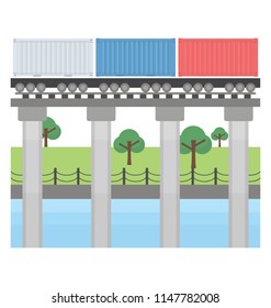 
Pillars from a station with containers on rail channel denoting logistics train icon
