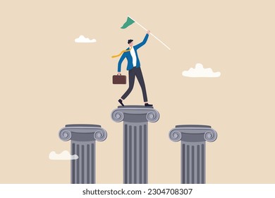 Pillars of success, foundation or support to achieve business target, challenge to be winner or rules of success, stable and strong leadership concept, businessman holding winning flag on pillars.