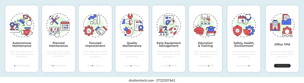Pilares de la pantalla del App móvil de incorporación de tpm. Gestión de la producción. 8 pasos de instrucciones gráficas editables con conceptos lineales. UI, UX, GUI