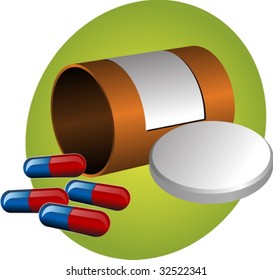 Pillbox with label, cap open and scattered pills. illustration vector