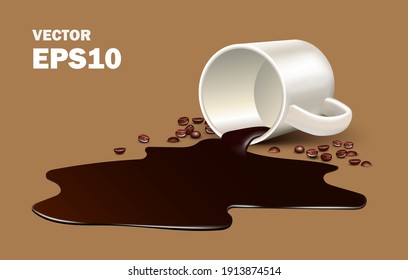 pilled americano coffee from a cup causing the aroma to rise with the air  for advertising concept design, vector design,Coffee beans and hot coffee spilled on the brown ground,liquid spilled 3d