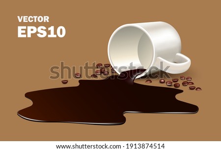 pilled americano coffee from a cup causing the aroma to rise with the air  for advertising concept design, vector design,Coffee beans and hot coffee spilled on the brown ground,liquid spilled 3d 商業照片 © 