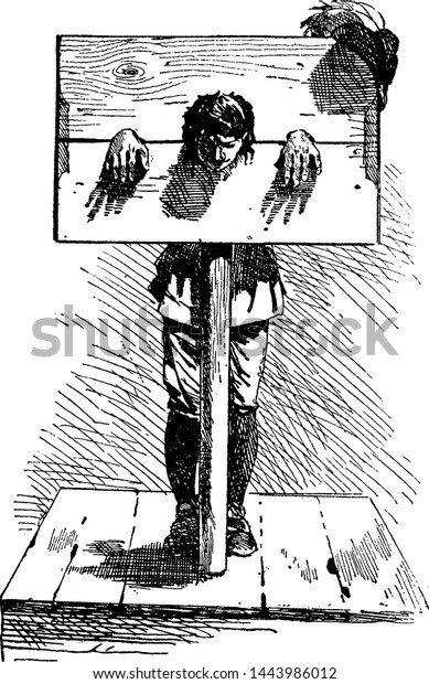 Pillory vintage\
engraved illustration drawing\
