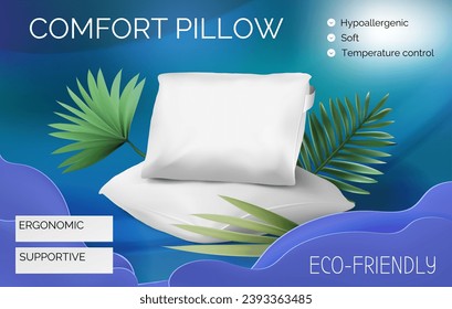 Pillow ad banner. Comfortable 3D cushions heap. Palm leaves. Sleep comfort. Soft hypoallergenic bedding. Eco friendly home. Bedroom relaxation. Resting fluffy accessory. Vector advertising background