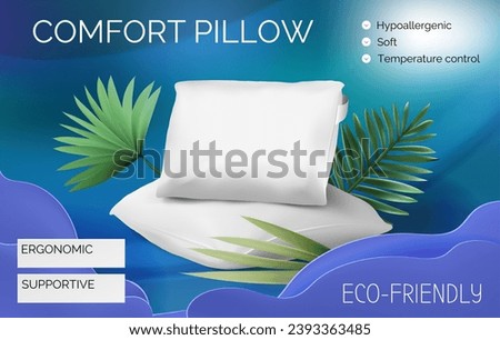 Pillow ad banner. Comfortable 3D cushions heap. Palm leaves. Sleep comfort. Soft hypoallergenic bedding. Eco friendly home. Bedroom relaxation. Resting fluffy accessory. Vector advertising background