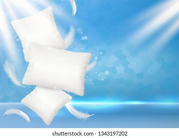 Pillow ad vector poster banner design template. Soft and comfortable realistic white pillows with light feathers on blue background.