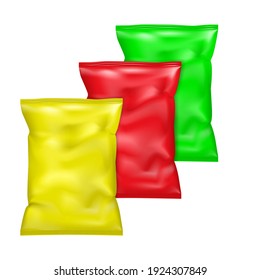 Pillow bag, realistic vector illustration. Crumpled pouch package. Potato chips or other food snack packet. Template for design. Color set. Easy to recolor.
