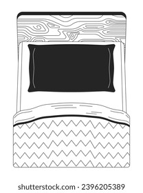 Pillow bed top view black and white 2D line cartoon object. Bedroom furniture isolated vector outline item. Hotel room. Dark pillow, bedspread comfortable monochromatic flat spot illustration