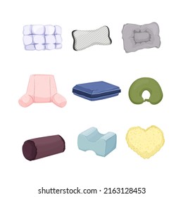 pillow bed white, cushion soft sleep, beedroom comfort, fabric cotton cartoon icons set vector illustrations