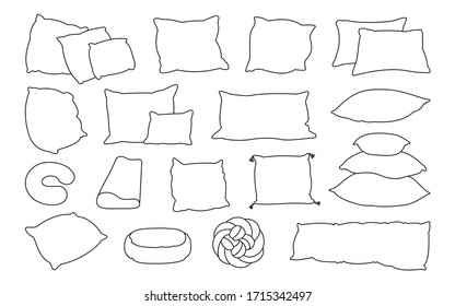 Pillow black line silhouette set. Outline home interior textile. Sofa bed sleep pillows colored page template. Feather, bamboo eco fabric. Cushion various shapes design. Contour vector illustration