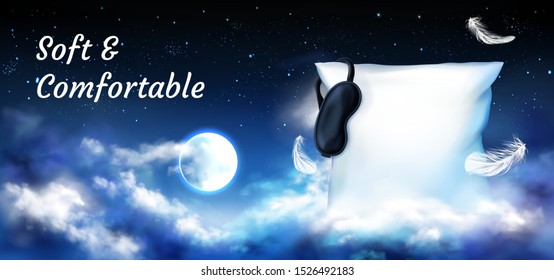Pillow with blindfold in night sky with full moon, stars and clouds banner. White square soft cushion and black sleep mask mock up for comfortable sleeping, relaxation Realistic 3d vector illustration