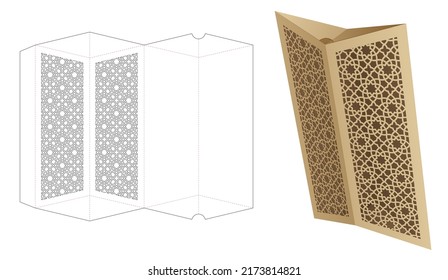 Pillow box with stenciled Arabic pattern die cut template and 3D mockup