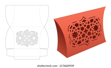 Pillow box with stenciled patten window die cut template and 3D mockup