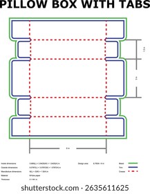 Pillow box template with tabs die-cut design dimensions