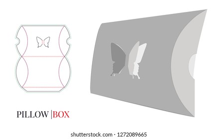 Pillow Box Template, Vector with die cut  / laser cut lines. Butterfly Gift Box. White, blank, clear, isolated Candy Box mock up on white background. Packaging design, 3D presentation
