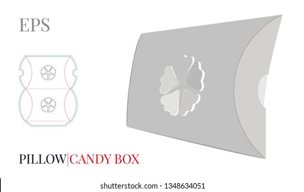 Pillow Box Template, Vector with die cut  / laser cut lines. Flower Gift Box. White, blank, clear, isolated Candy Box mock up on white background. Packaging design,