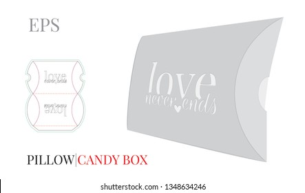 Pillow Box Template, Vector with die cut  / laser cut lines. Love Gift Box. White, blank, clear, isolated Candy Box mock up on white background. Packaging design, Love never ends, laser cut