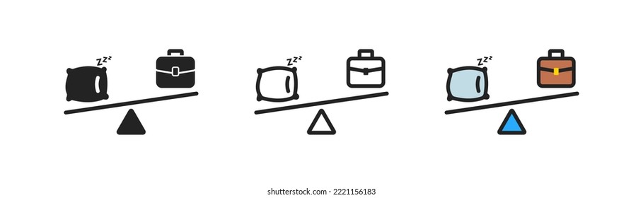 Pillow and briefcase on scales icon. Choice between dream and job concept. Pillow, case, scales signs. Balance your life. Lifestyle, career or family symbol. Flat design. Vector illustration. 