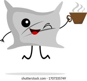 pillow cartoon character jumping and laughing while holding a cup of aromatic coffee in his hand a concept of vivacity and activity object on a white background