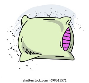 Pillow cartoon hand drawn image. Original colorful artwork, comic childish style drawing.